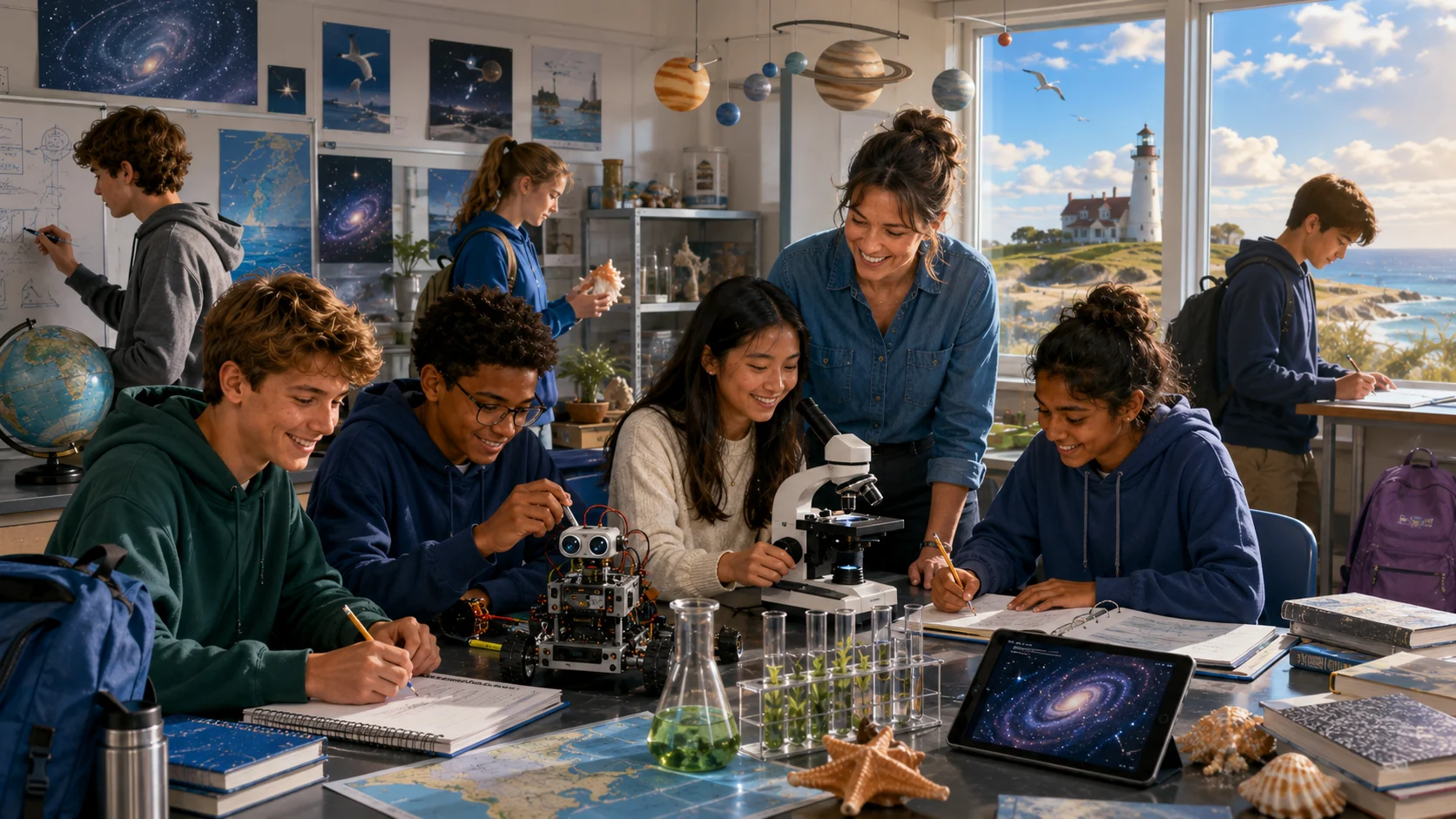 A welcoming back-to-school STEM classroom scene with students and teacher collaborating