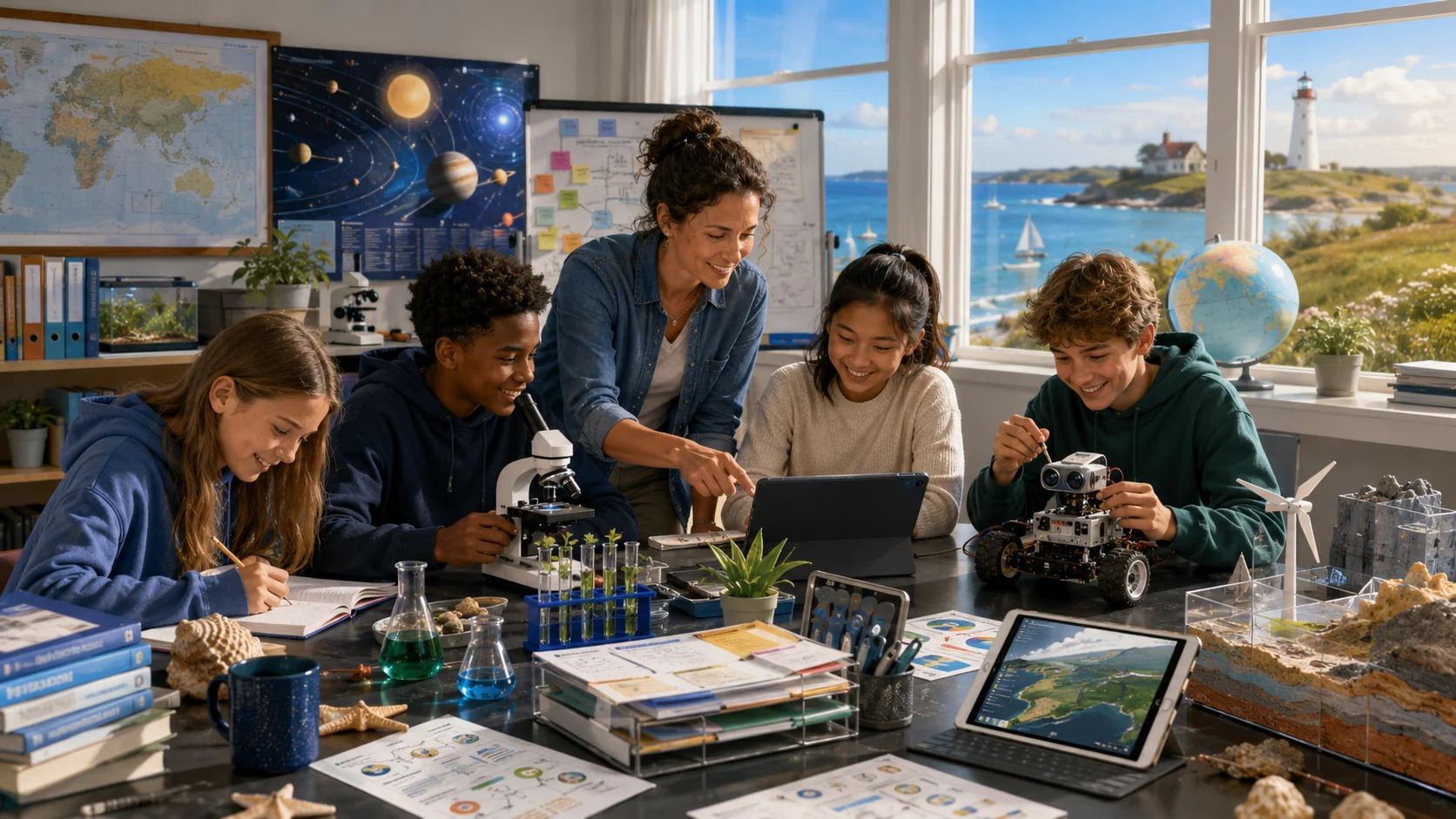 Teacher and students working together in a bright coastal STEM classroom